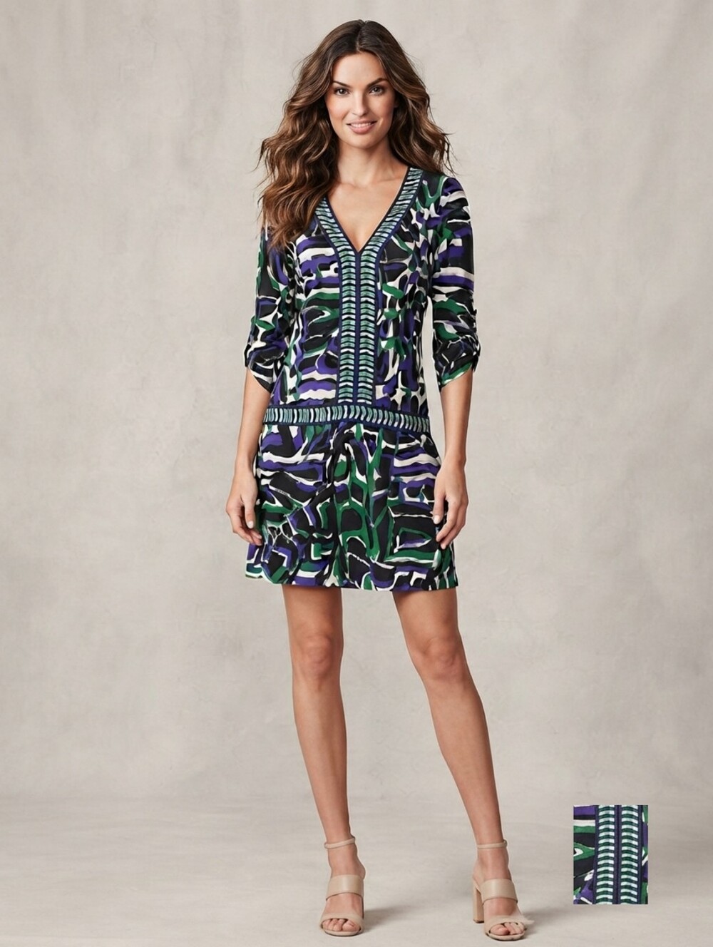 Women's V-Neck Printed Tunic Dress Green, Purple & Black By BCBGMAXAZRIA Small